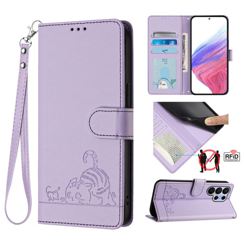 Samsung Galaxy S26 UItra Cat Rat Embossed Pattern RFID Leather Phone Case with Lanyard - Purple
