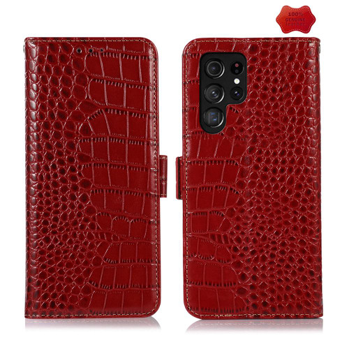 Samsung Galaxy S26 UItra Crocodile Top Layer Cowhide Leather Phone Case - Red