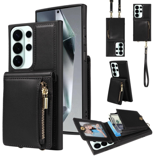 Samsung Galaxy S26 UItra Crossbody Lanyard Zipper Wallet Leather Phone Case - Black