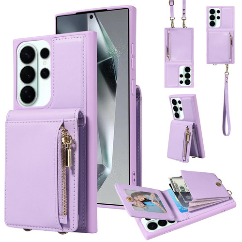 Samsung Galaxy S26 UItra Crossbody Lanyard Zipper Wallet Leather Phone Case - Purple