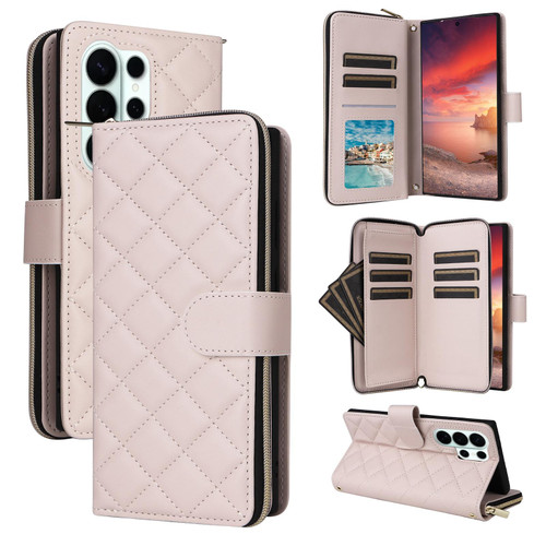 Samsung Galaxy S26 UItra Crossbody Rhombic Zipper Tower Buckle Leather Phone Case with Lanyard - Beige