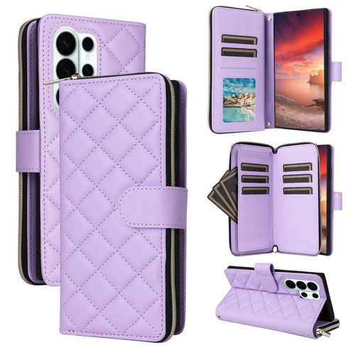 Samsung Galaxy S26 UItra Crossbody Rhombic Zipper Tower Buckle Leather Phone Case with Lanyard - Purple