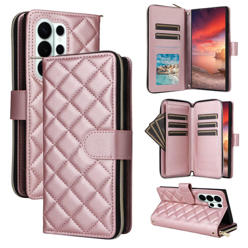 Samsung Galaxy S26 UItra Crossbody Rhombic Zipper Tower Buckle Leather Phone Case with Lanyard - Rose Gold