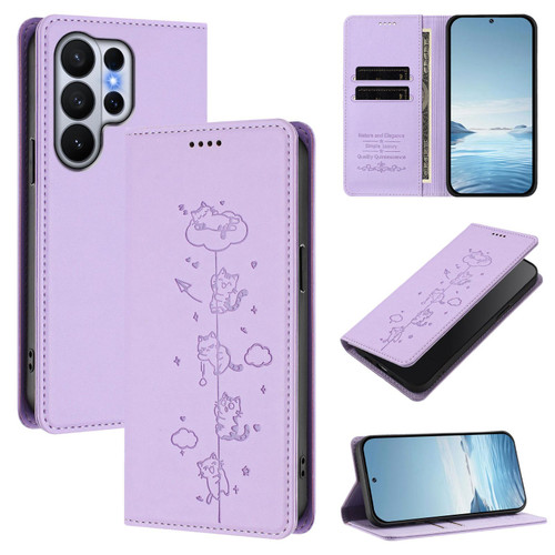 Samsung Galaxy S26 UItra Cute Cats Embossed Magnetic RFID Vegan Leather Phone Case - Light Purple