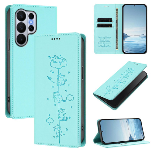 Samsung Galaxy S26 UItra Cute Cats Embossed Magnetic RFID Vegan Leather Phone Case - Mint Green
