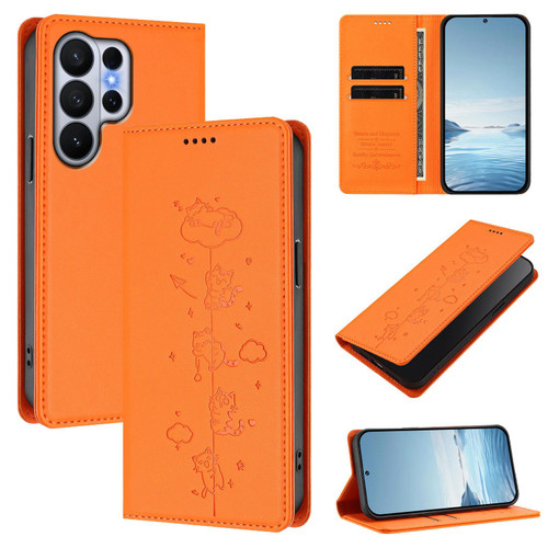 Samsung Galaxy S26 UItra Cute Cats Embossed Magnetic RFID Vegan Leather Phone Case - Orange