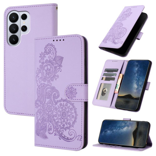 Samsung Galaxy S26 UItra Datura Flower Embossed Flip Leather Phone Case - Purple