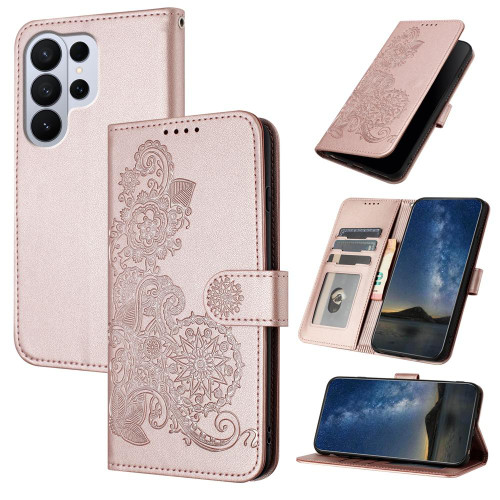 Samsung Galaxy S26 UItra Datura Flower Embossed Flip Leather Phone Case - Rose Gold