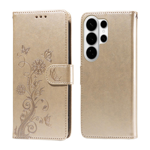 Samsung Galaxy S26 UItra Embossed Butterfly Flowers Leather Phone Case - Gold