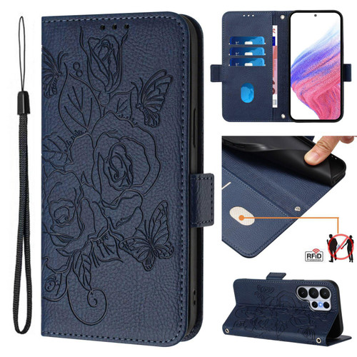 Samsung Galaxy S26 UItra Embossed Rose RFID Anti-theft Leather Phone Case - Dark Blue