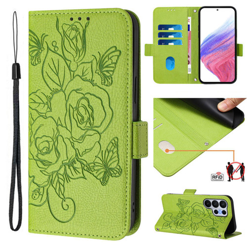 Samsung Galaxy S26 UItra Embossed Rose RFID Anti-theft Leather Phone Case - Green