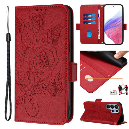 Samsung Galaxy S26 UItra Embossed Rose RFID Anti-theft Leather Phone Case - Red