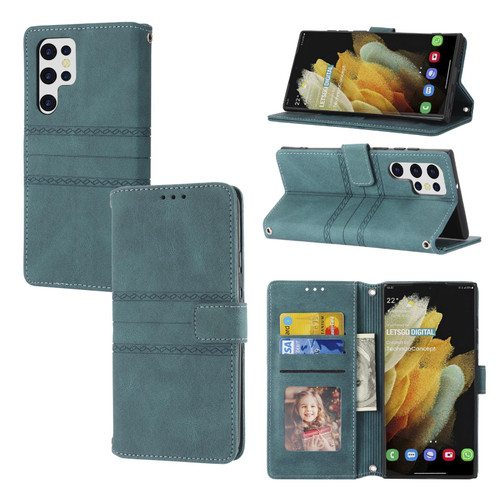 Samsung Galaxy S26 UItra Embossed Stripes Skin Feel Leather Phone Case - Dark Green