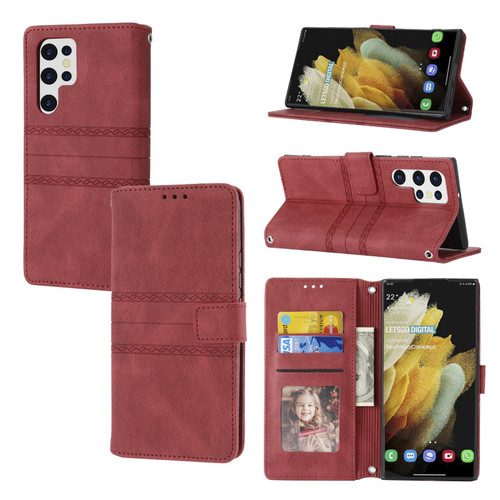 Samsung Galaxy S26 UItra Embossed Stripes Skin Feel Leather Phone Case - Red