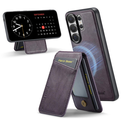 Samsung Galaxy S26 UItra Fierre Shann Cowhide Vertical Flip Magnetic Card Holder Phone Case - Purple