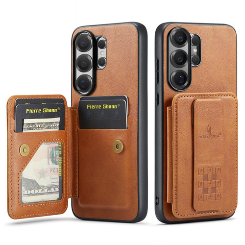 Samsung Galaxy S26 UItra Fierre Shann FS-024 Oil Wax Cow Leather Card Holder Back Phone Case - Brown