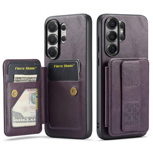 Samsung Galaxy S26 UItra Fierre Shann FS-024 Oil Wax Cow Leather Card Holder Back Phone Case - Purple