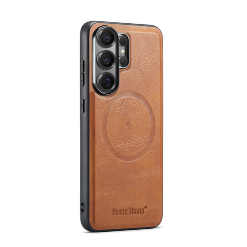 Samsung Galaxy S26 UItra Fierre Shann FS-027 Cowhide Texture MagSafe Magnetic Phone Case - Brown