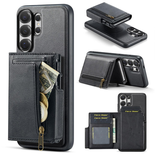 Samsung Galaxy S26 UItra Fierre Shann Oil Wax Vegan Leather Magnetic Card Holder Back Phone Case - Black