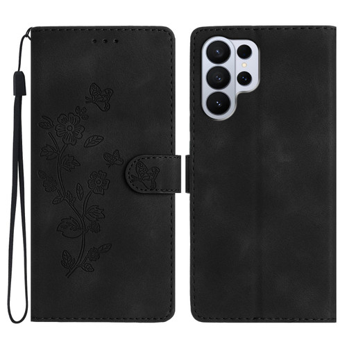 Samsung Galaxy S26 UItra Flower Butterfly Embossing Pattern Leather Phone Case - Black