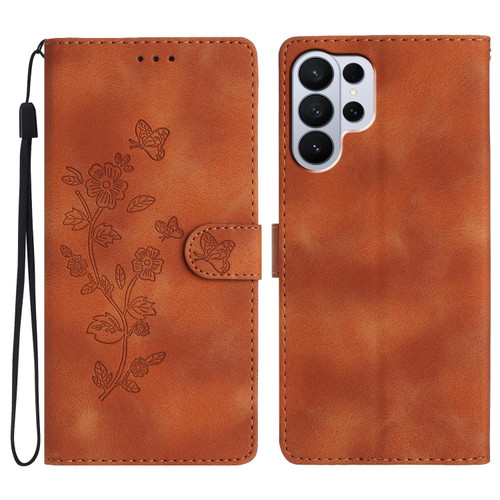 Samsung Galaxy S26 UItra Flower Butterfly Embossing Pattern Leather Phone Case - Brown
