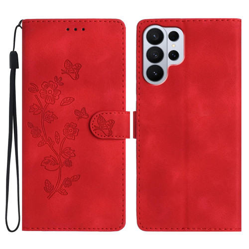 Samsung Galaxy S26 UItra Flower Butterfly Embossing Pattern Leather Phone Case - Red