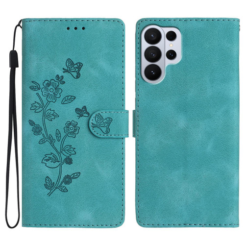 Samsung Galaxy S26 UItra Flower Butterfly Embossing Pattern Leather Phone Case - Sky Blue