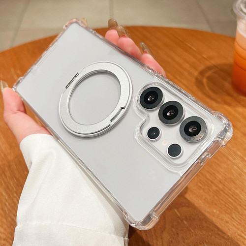 Samsung Galaxy S26 UItra Four Corner Shockproof Space Magnetic Phone Case with 360 Degrees Rotating Holder - Transparent