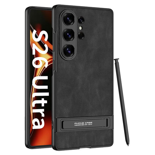 Samsung Galaxy S26 UItra GKK Triumph Ultra-Thin Frosted Leather Phone Case with Holder - Black