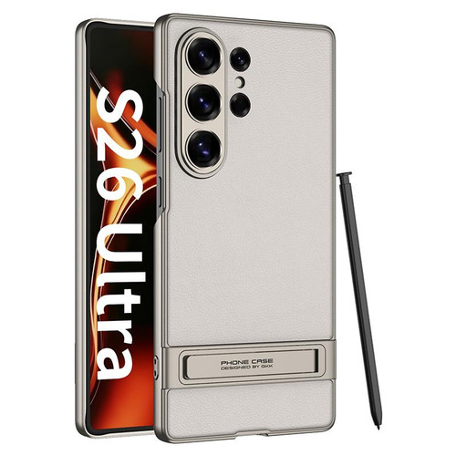 Samsung Galaxy S26 UItra GKK Triumph Ultra-Thin Plain Leather Phone Case with Holder - Grey