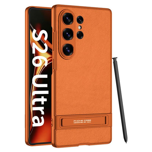 Samsung Galaxy S26 UItra GKK Triumph Ultra-Thin Plain Leather Phone Case with Holder - Orange