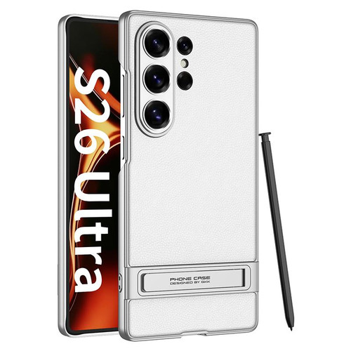 Samsung Galaxy S26 UItra GKK Triumph Ultra-Thin Plain Leather Phone Case with Holder - Silver