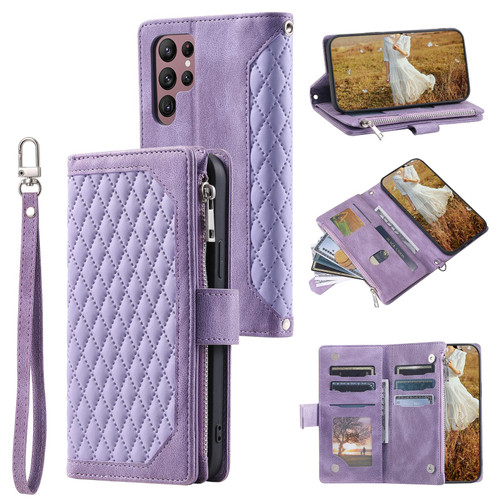 Samsung Galaxy S26 UItra Grid Texture Zipper Leather Phone Case with Lanyard - Purple
