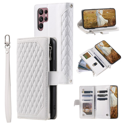 Samsung Galaxy S26 UItra Grid Texture Zipper Leather Phone Case with Lanyard - White