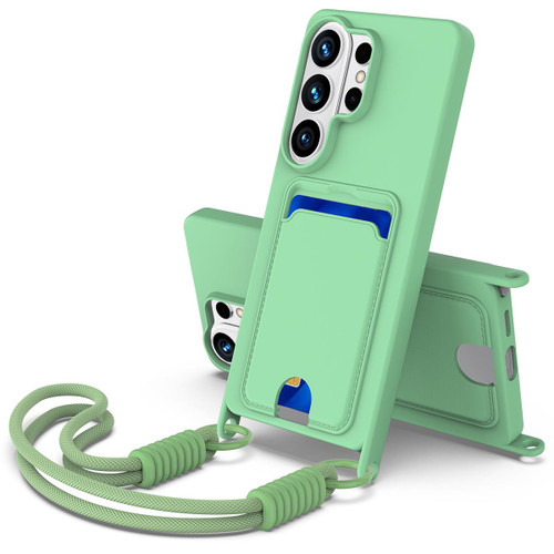 Samsung Galaxy S26 UItra Integrated Card Bag Solid Color Liquid Silicone Phone Case Gen2 with Short Lanyard - Green