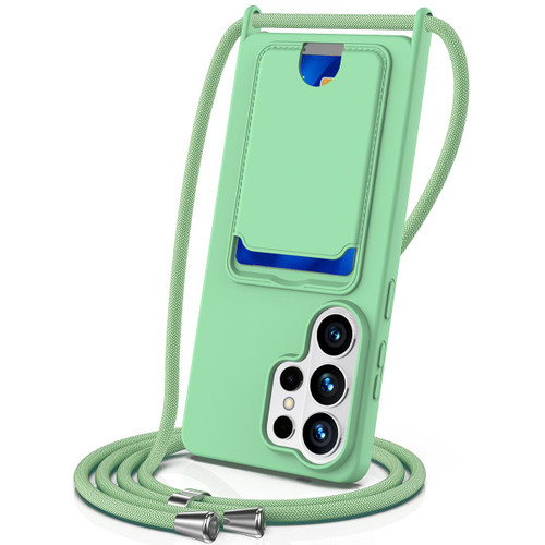 Samsung Galaxy S26 UItra Integrated Card Bag Solid Color Liquid Silicone Phone Case with Lanyard - Green