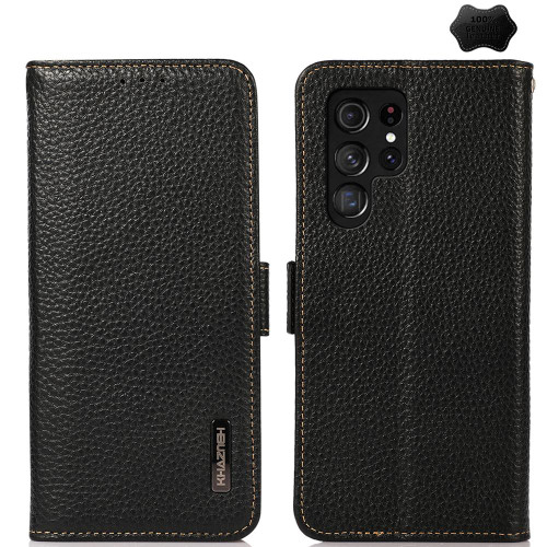 Samsung Galaxy S26 UItra KHAZNEH Side-Magnetic Litchi Genuine Leather RFID Phone Case - Black