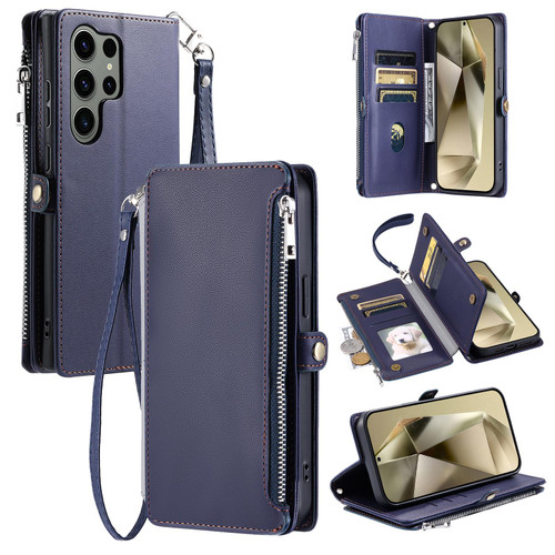 Samsung Galaxy S26 UItra Leather Stitching Multi-card Slot Zipper Phone Case - Blue