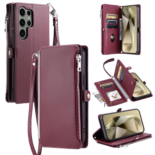 Samsung Galaxy S26 UItra Leather Stitching Multi-card Slot Zipper Phone Case - Wine Red
