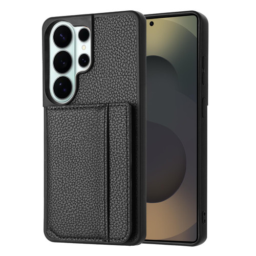 Samsung Galaxy S26 UItra Litchi Pattern Magnetic Card Bag Holder Phone Case - Black