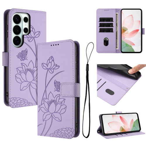 Samsung Galaxy S26 UItra Lotus Embossed Leather Phone Case with Lanyard - Purple