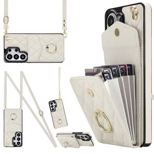 Samsung Galaxy S26 UItra Rhombic Texture Card Bag Phone Case with Long Lanyard - White