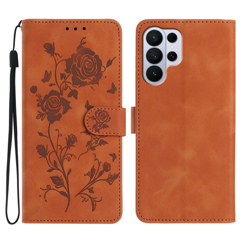 Samsung Galaxy S26 UItra Rose Flower Embossing Pattern Leather Phone Case - Brown