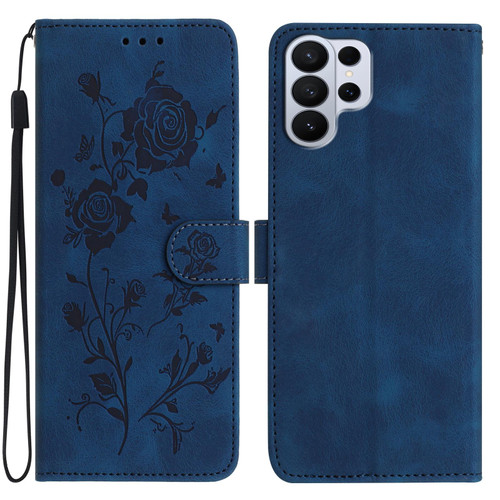 Samsung Galaxy S26 UItra Rose Flower Embossing Pattern Leather Phone Case - Dark Blue