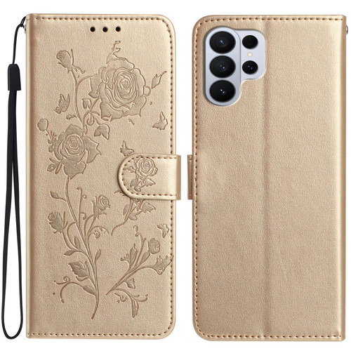 Samsung Galaxy S26 UItra Rose Flower Embossing Pattern Leather Phone Case - Gold