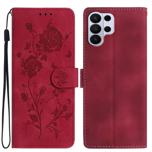 Samsung Galaxy S26 UItra Rose Flower Embossing Pattern Leather Phone Case - Red