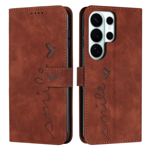 Samsung Galaxy S26 UItra Skin Feel Heart Embossed Leather Phone Case with Long Lanyard - Brown
