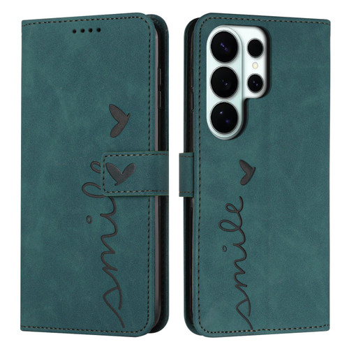 Samsung Galaxy S26 UItra Skin Feel Heart Embossed Leather Phone Case with Long Lanyard - Green