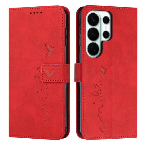 Samsung Galaxy S26 UItra Skin Feel Heart Embossed Leather Phone Case with Long Lanyard - Red