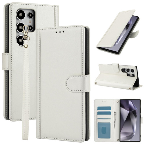 Samsung Galaxy S26 UItra Skin Feel Pure Color Card Slots Leather Phone Case with Dual Lanyard - White